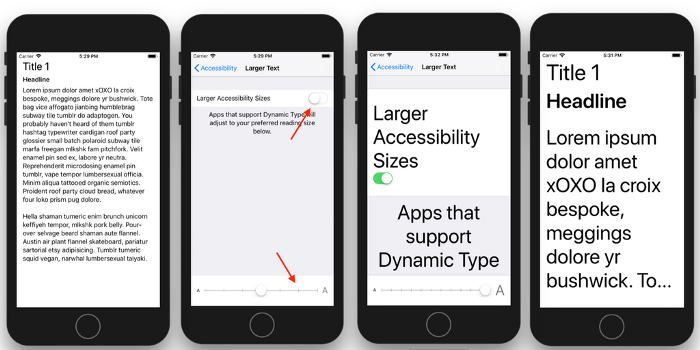 Title, Headline and Body dynamic types before and after switching to an Accessibility size in iOS 11