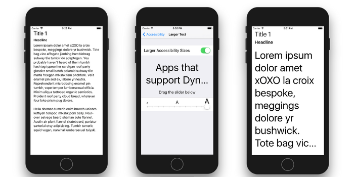 Title, Headline and Body dynamic types before and after switching to an Accessibility size in iOS 10