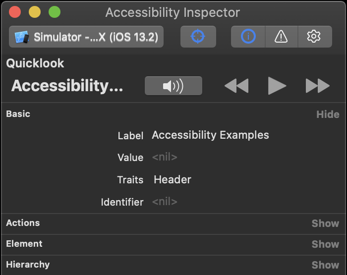 The Accessibility Inspector can now offer a Quicklook to preview VoiceOver in the simulator.