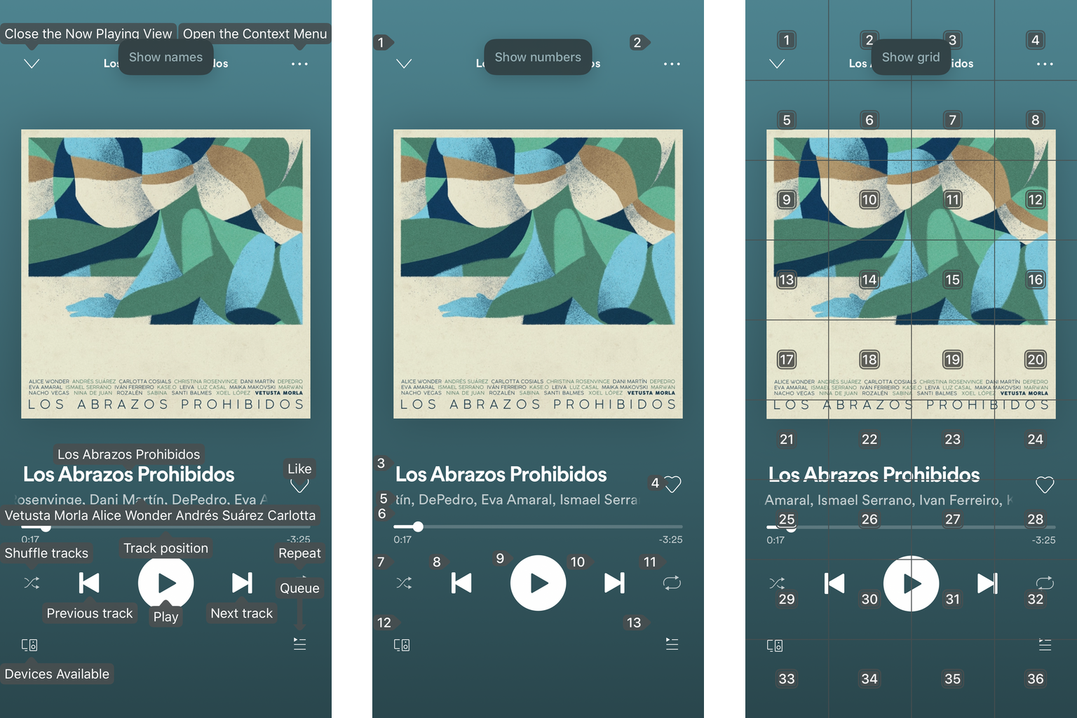 Navigating the Spotify Player with Voice Control using Names (left), Numbers (centre) or a Grid (right).