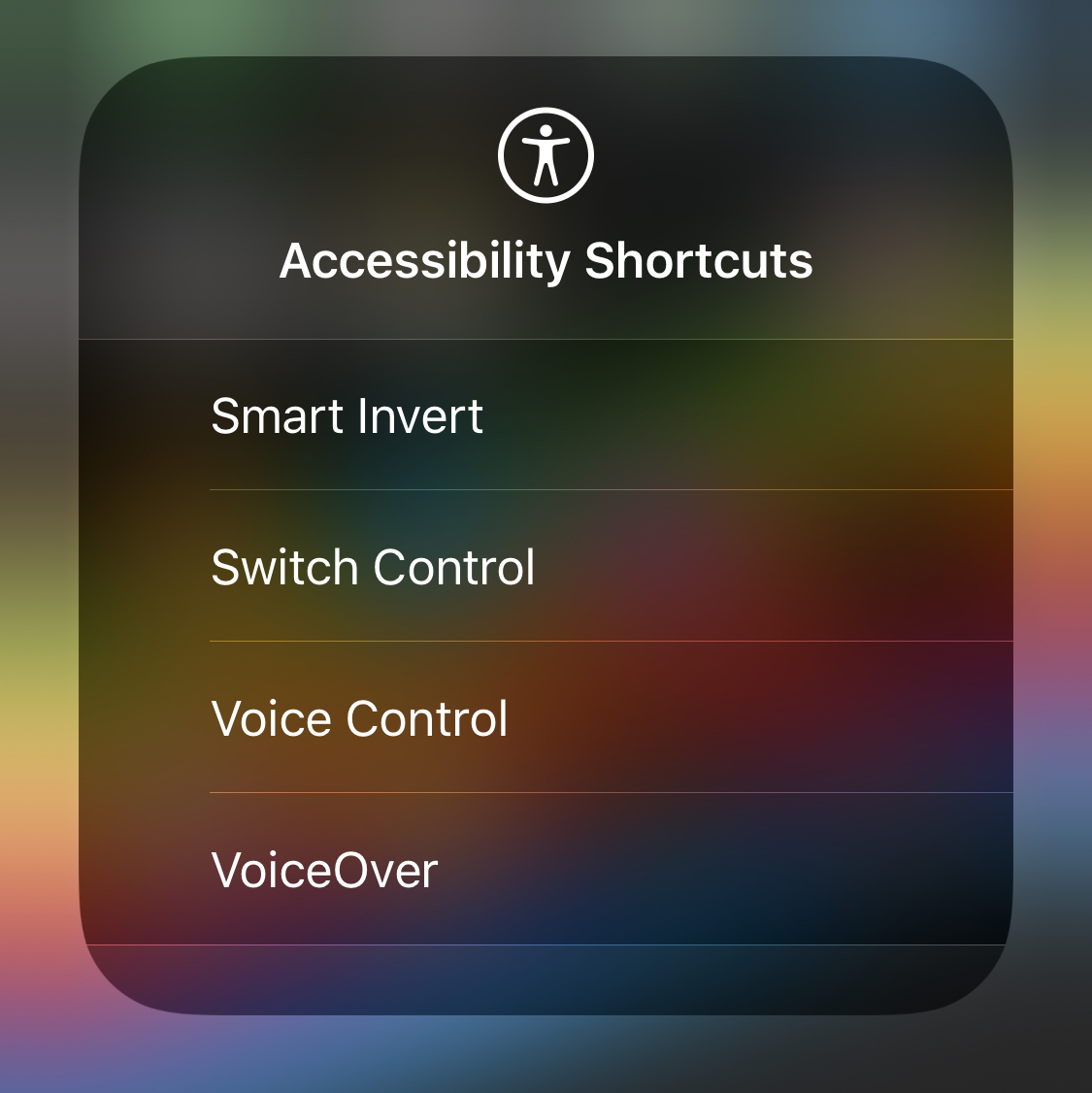 Accessibility Shortcuts menu in Control Centre.