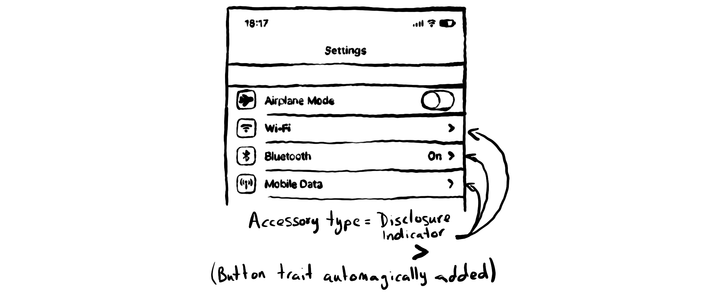 Settings screen. Cells have the disclosure indicator accessory type. No need to add the accessibility button trait.