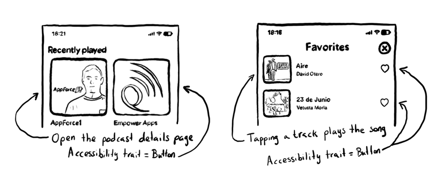 Two examples: 1.Podcasts in a Collection View (Grid). 2.Tracks in Table View. Both have the button trait configured.