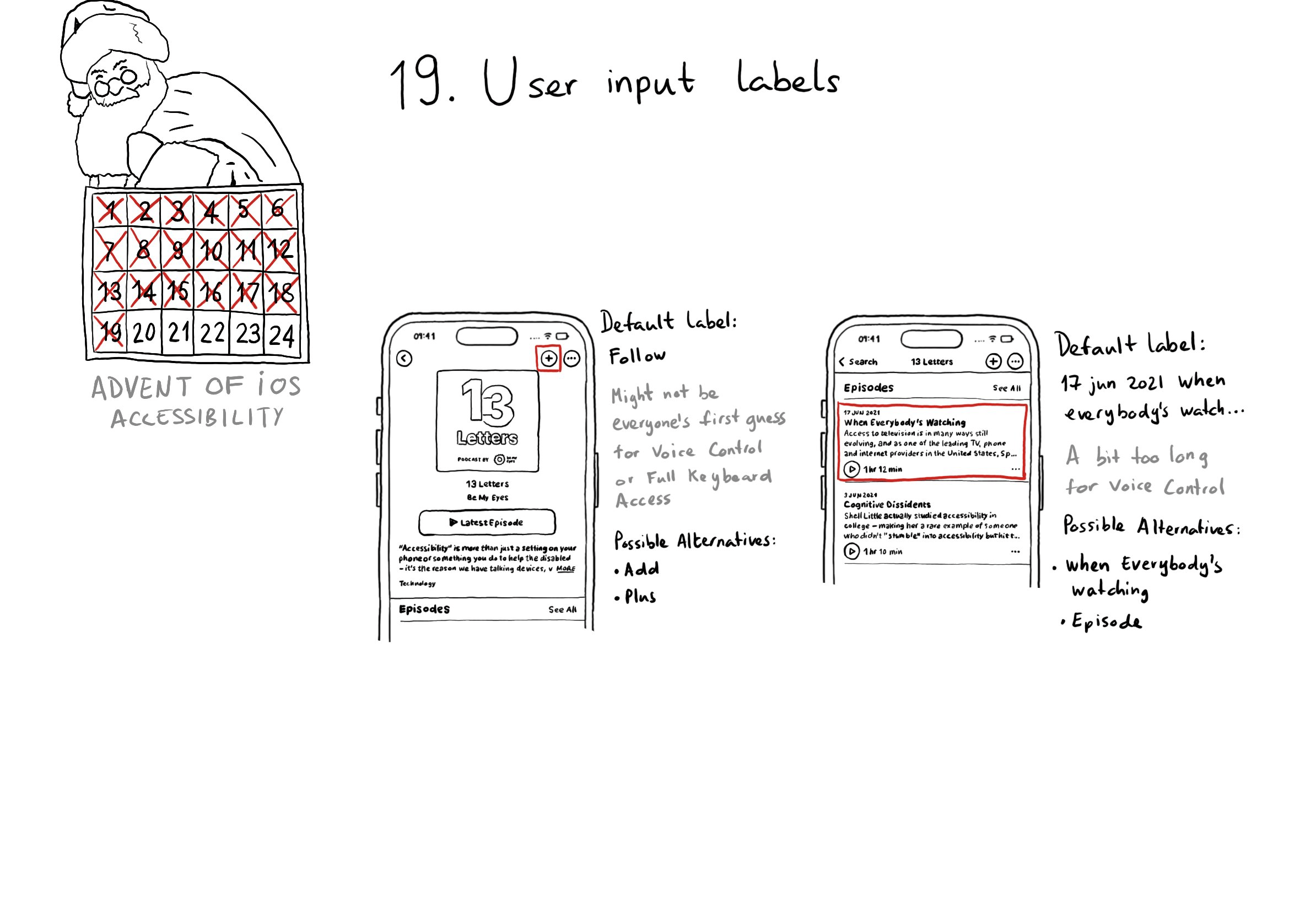 Calendar of Advent of iOS Accessibility. Day 19. User input labels. One example shows Apple’s Podcast app in the 13 letters podcast page. There is a button in the top right corner with a + icon. The default label is “Follow”. That might not be everyone’s first guess on how that button is named. You could add “Plus” and “Add” as alternative labels. The second example is some episodes of that same podcast. The default label is very long consisting of a few details about each episode like the publication date and title. That might be a bit long for Voice Control. You can use just the title, or the word “Episode” as possible input alternatives.