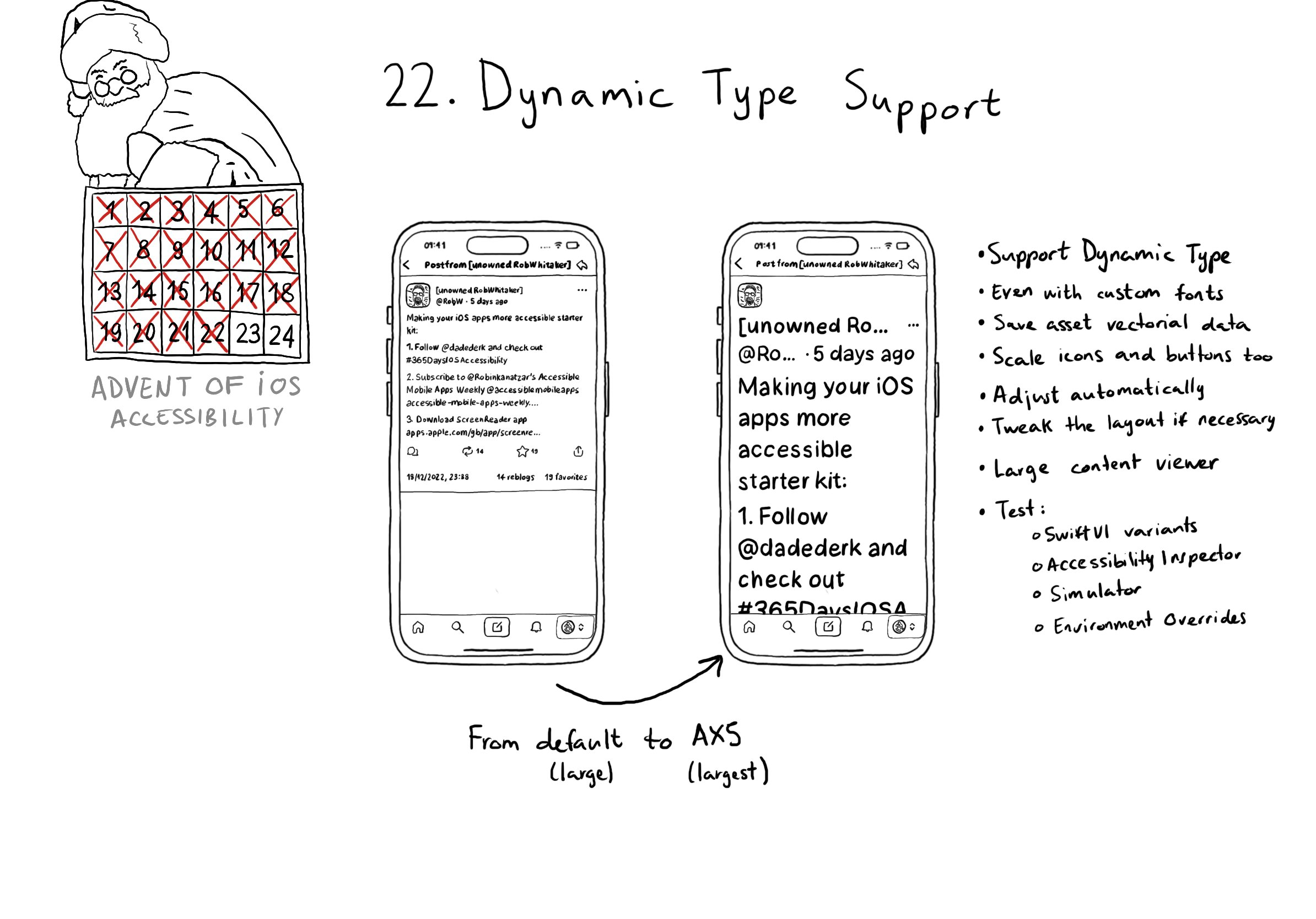 Calendar of Advent of iOS Accessibility. Day 22. Dynamic Type Support. The Mastodon app in two sizes, the default one (large) and the fifth accessibility text size (the largest). Some things you can do to support dynamic type: support it even when using custom fonts, save asset’s vectorial data, scale icons and buttons too, adjust sizes automatically, tweak the layout if necessary, implement large content viewer. You can test in the SwiftUI variants preview, with the accessibility inspector, in the simulator, using environment overrides…