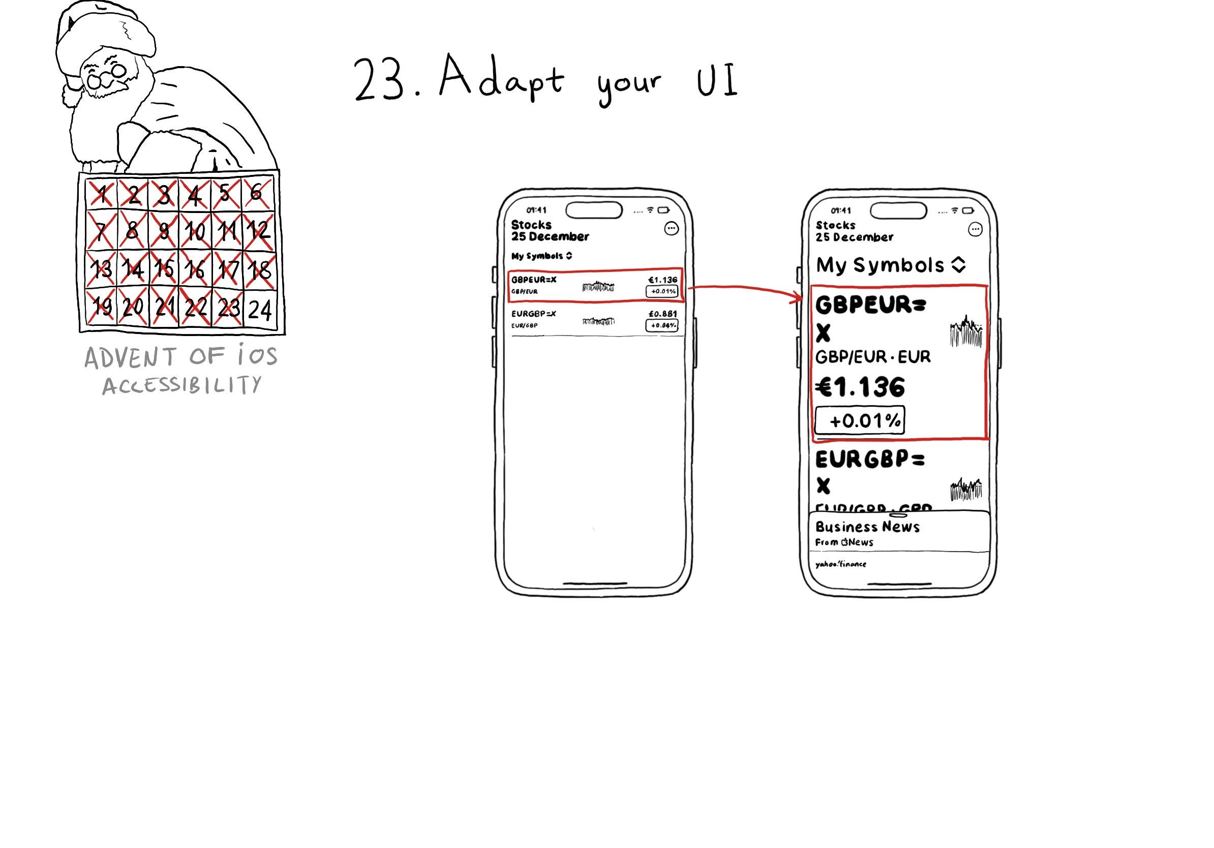 Calendar of Advent iOS Accessibility. Day 23. Adapt your UI. Example of Apple’s Stock app. The first one has the default text size. The second one uses the largest possible text size. In the first one, the symbol and name are at the left of its row, there is a small graph in the middle, and the value and percentage change to the right. In the second one, the symbol, name, value, and percentage change are at the left, taking most of the row width, and the only thing to the right is the graph. That gives plenty more horizontal space for the text.