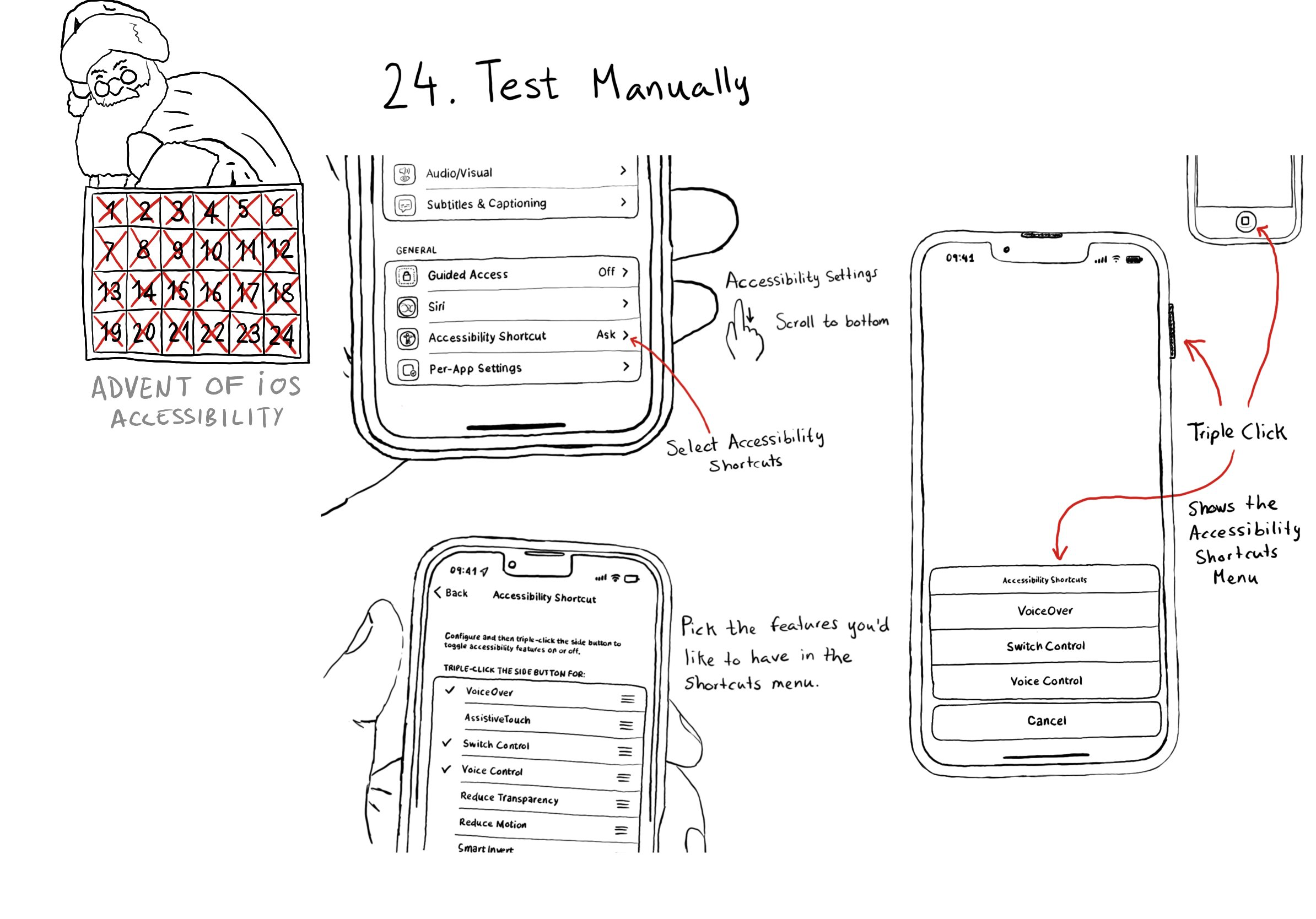 Calendar of Advent of iOS Accessibility. Day 24. Test Manually. Go to Settings, Accessibility, scroll to the bottom, and tap Accessibility Shortcut. Select the accessibility features you’d like in the accessibility shortcuts menu. VoiceOver, Switch Control, and Voice Control are selected in the example. Now triple-clicking the side button on your iPhone (or the home button if you still have one) will show an action sheet with the features selected previously.