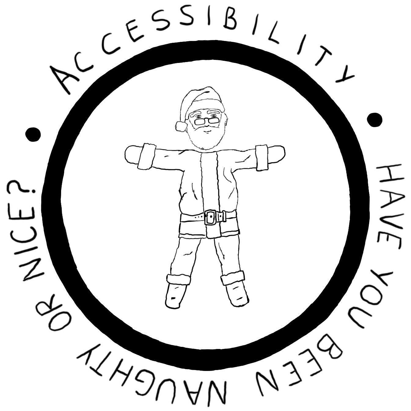 Popular logo used for representing accessibility consisting of a stick man inside a circle. But the stick man is dressed as Santa Claus and there is some text around it that says “Accessibility. Have you been naughty or nice?”.